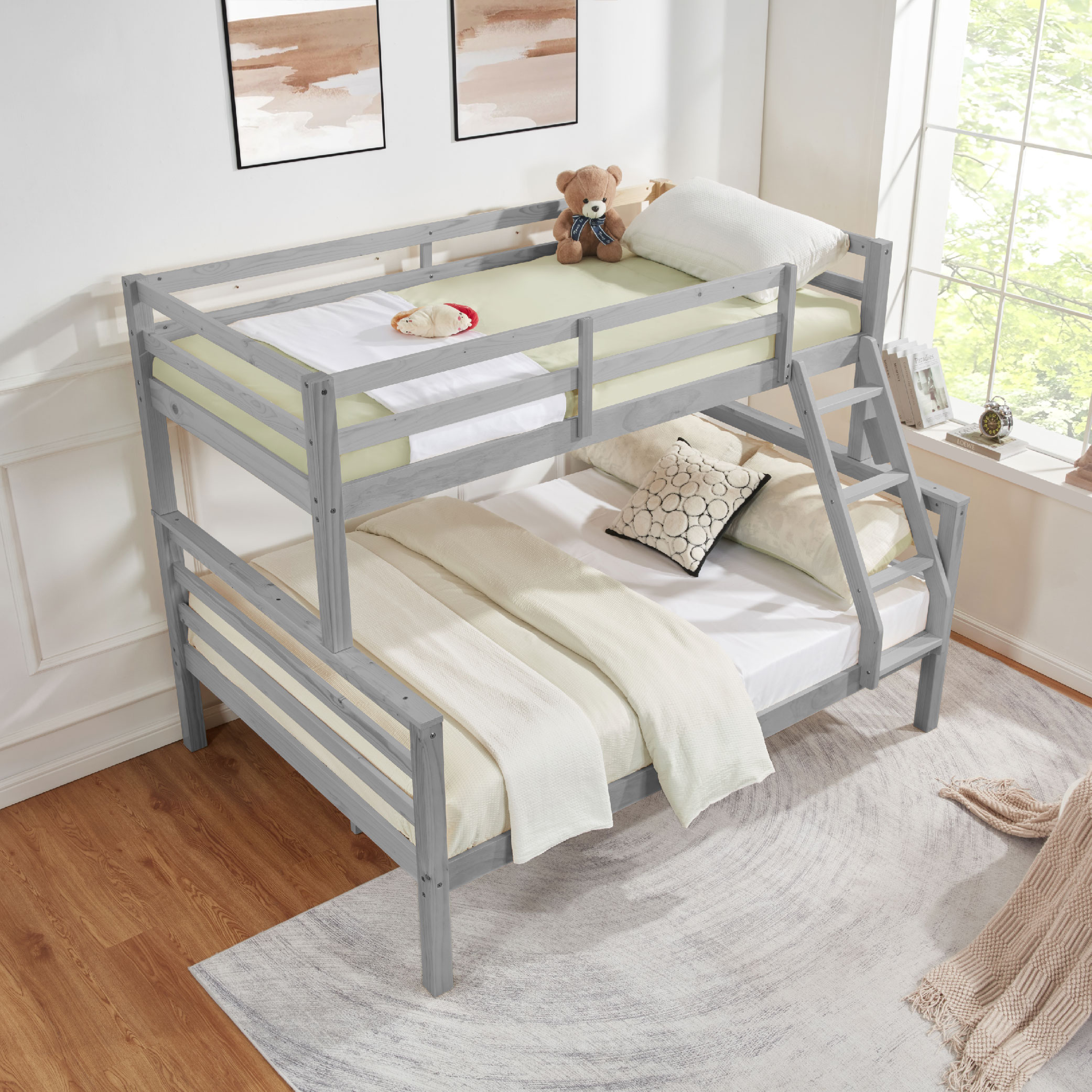 Twin over Full Bunk Bed with Thick Posts,Wooden Bunk Bed with High Guardrail and Ladder for Kids, Teens, Dorm Rooms, and Guest Rooms,No Box Spring Needed,Grey Twin over Full Bunk Bed with Thick Posts,Wooden Bunk Bed with High Guardrail and Ladder for Kids, Teens, Dorm Rooms, and Guest Rooms,No Box Spring Needed,Grey
